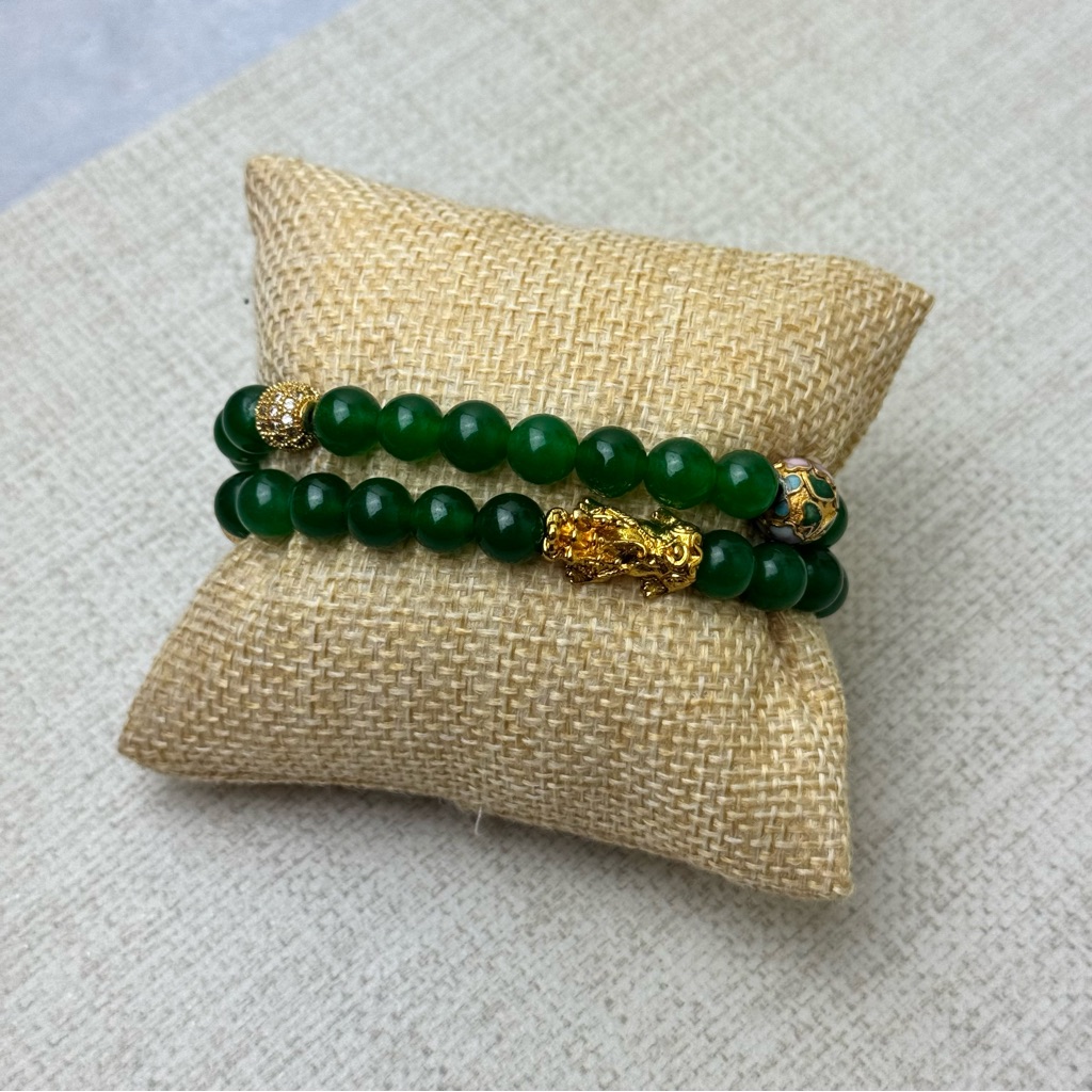 Pair Green Chrome Diopside Beaded Stretch Bracelets With Gold Plated Accents